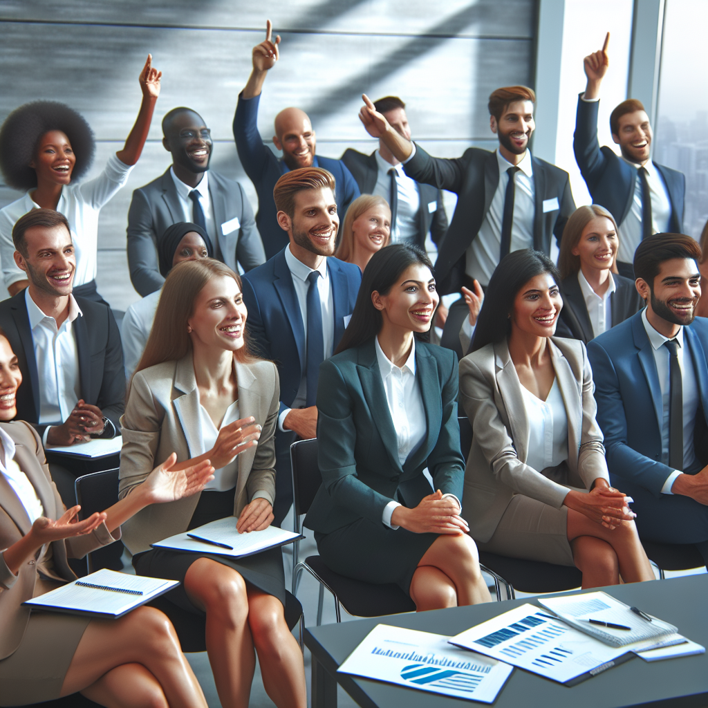 A dynamic corporate training session with diverse executives engaged in an interactive workshop