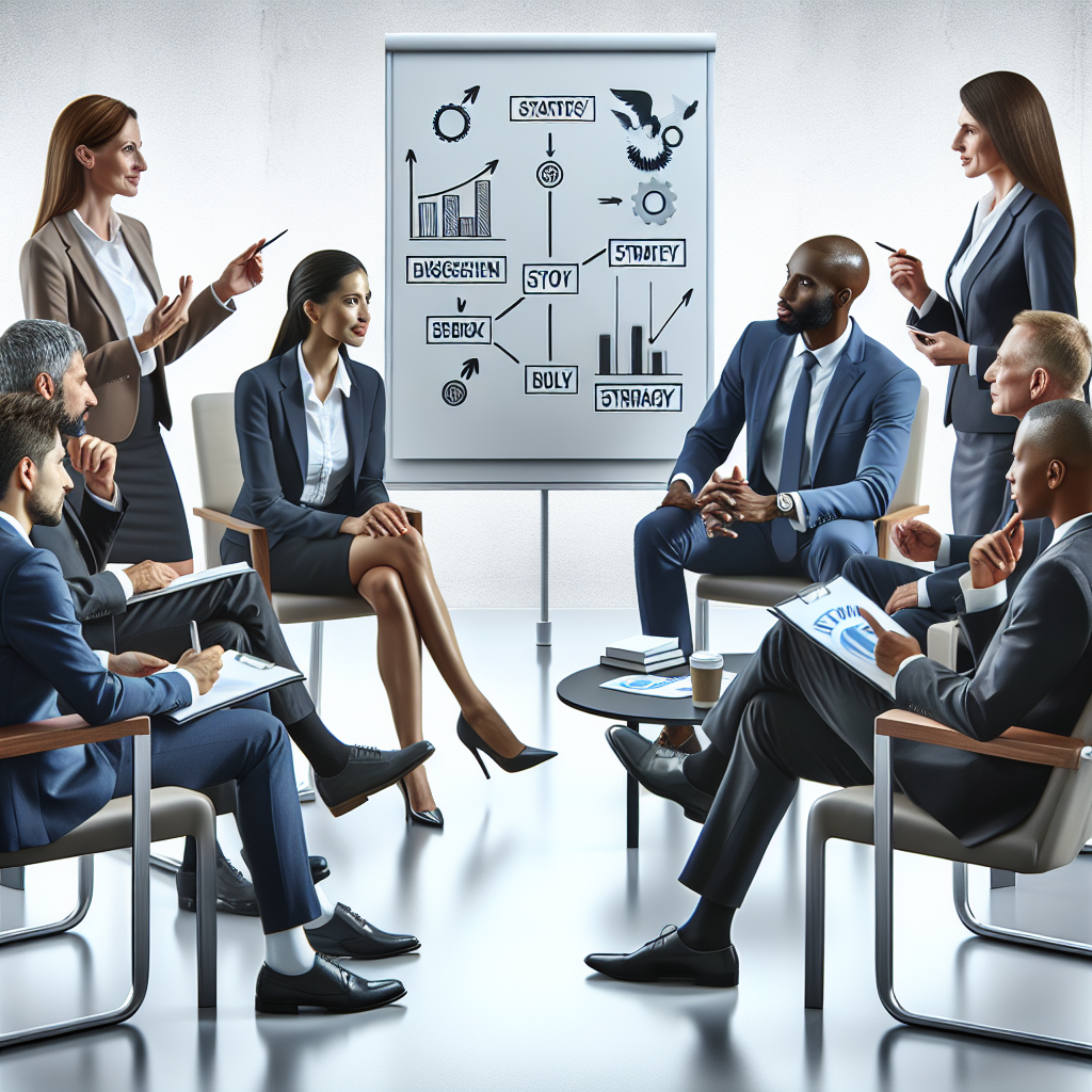 A dynamic executive coaching session with diverse leaders discussing strategies