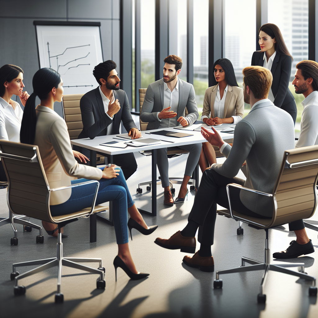 A diverse group of executives engaged in a dynamic coaching session in a modern office setting