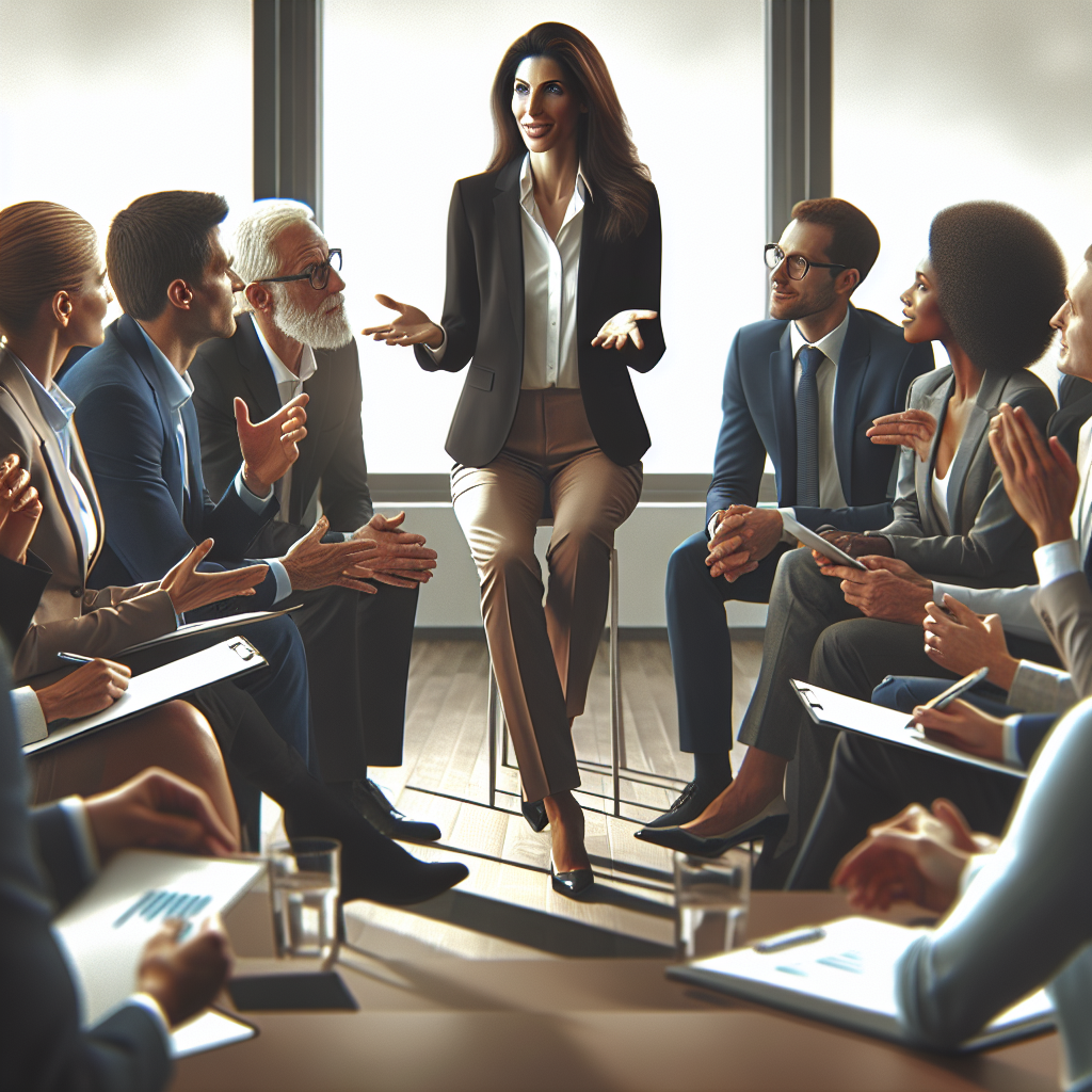A diverse group of executives engaged in a dynamic coaching session with an executive coach facilitating discussions.