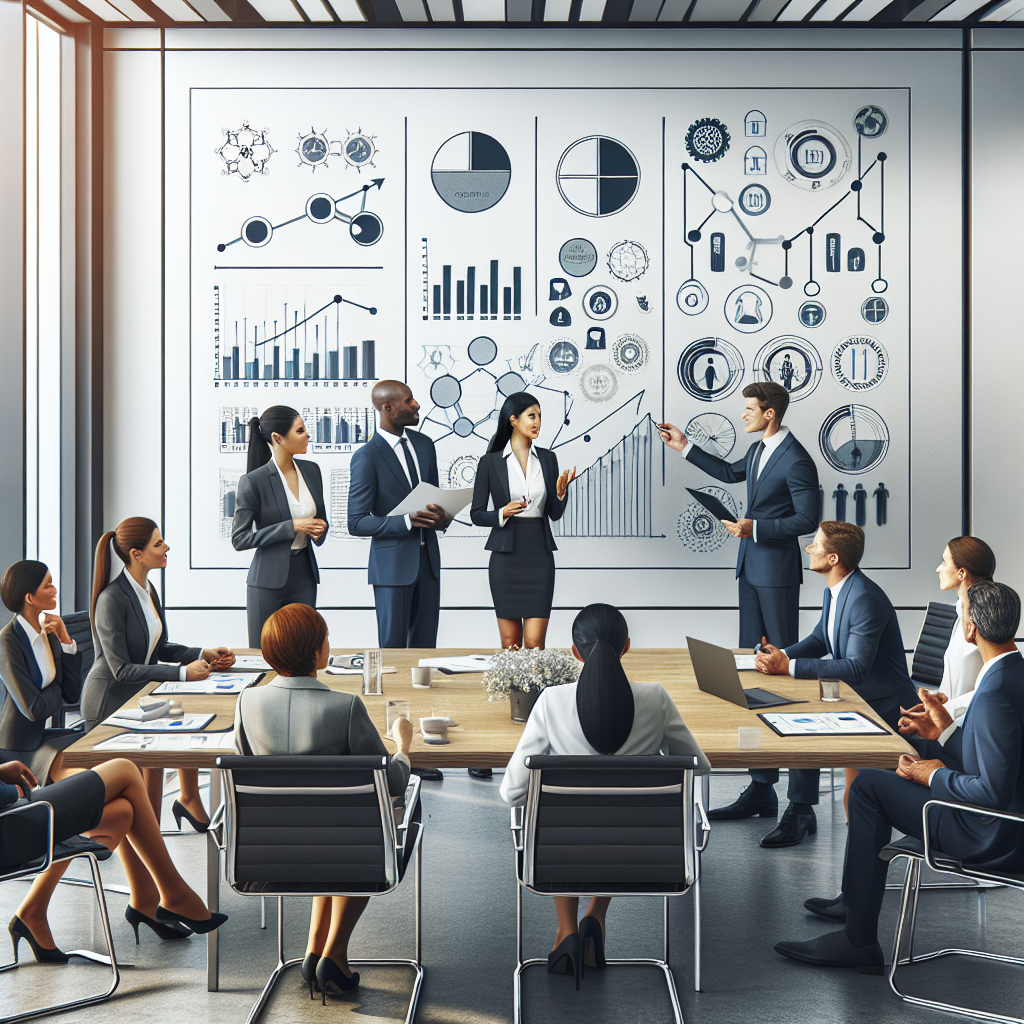 A corporate meeting room with executives discussing performance metrics and growth strategies