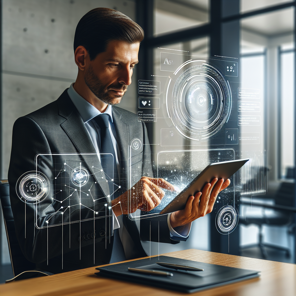 An executive in a modern office setting engaging with an AI coaching platform on a tablet, showcasing digital analytics and personalized feedback