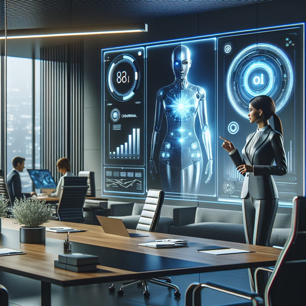 A futuristic office scene where an executive interacts with an AI-powered digital coach on a screen, showcasing data analytics and personalized feedback
