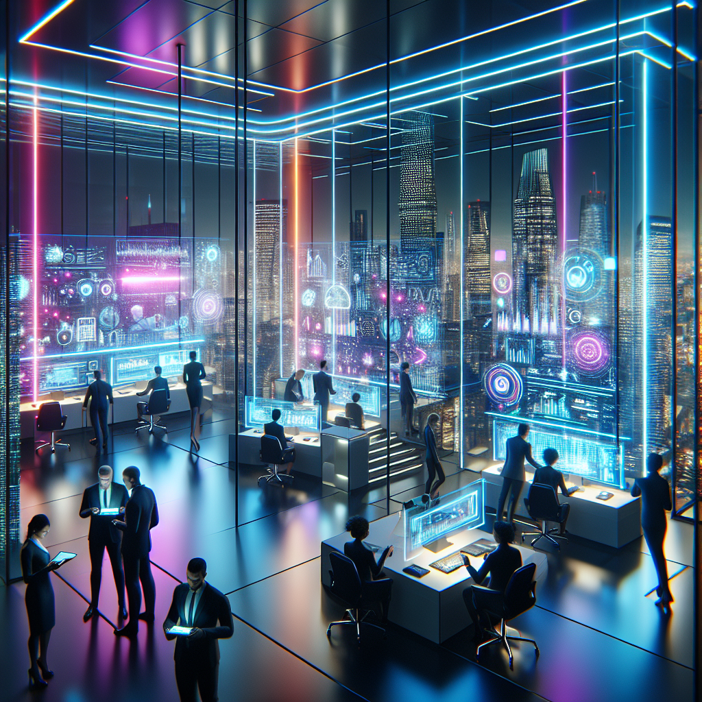 A futuristic office setting with executives using AI-powered coaching tools on their devices