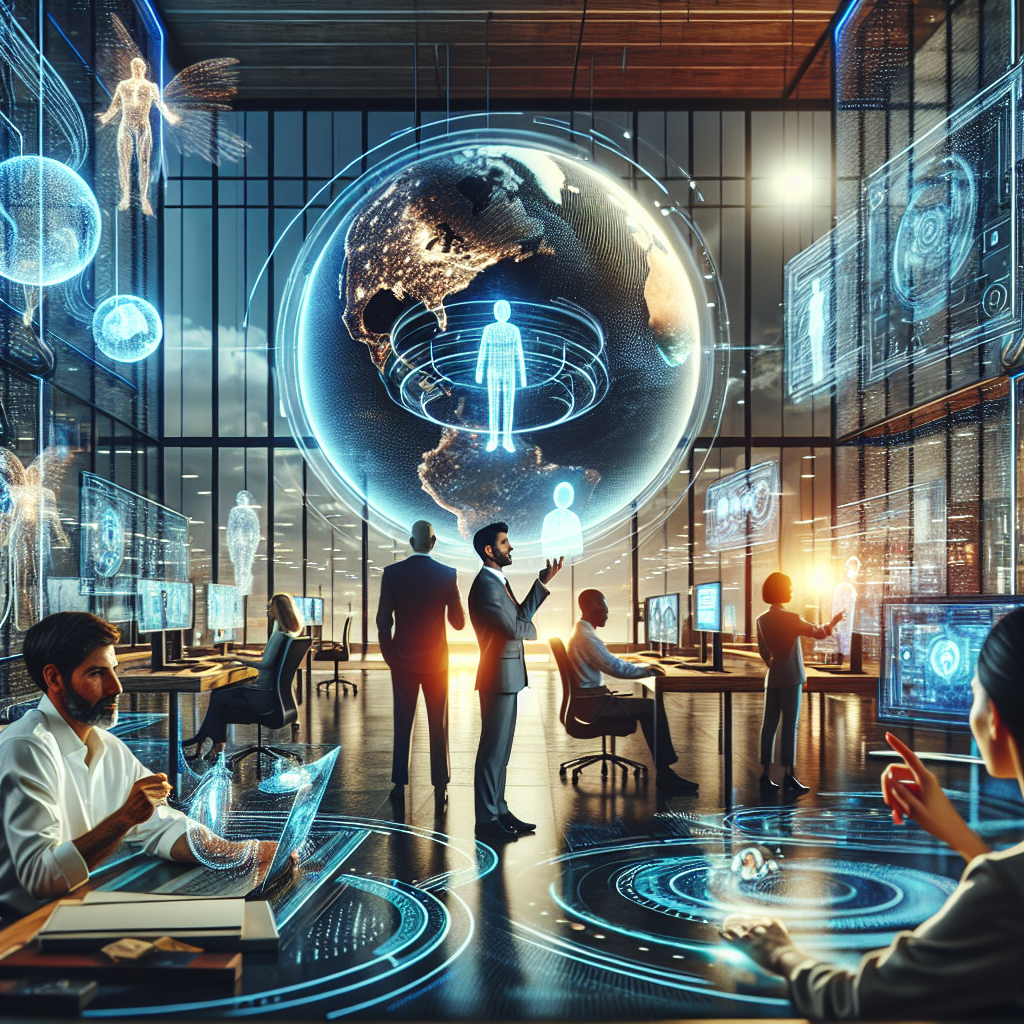 A futuristic office setting where diverse leaders collaborate with advanced AI technology
