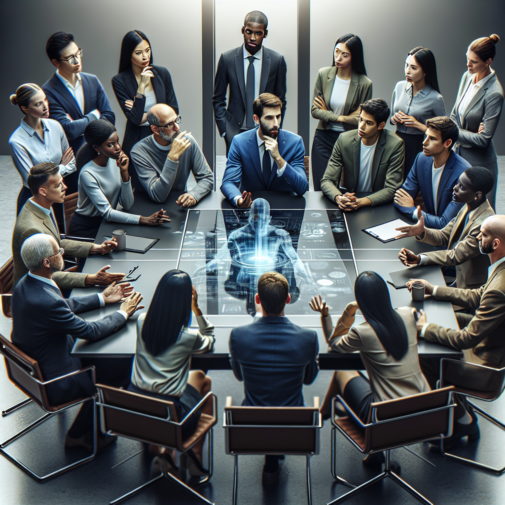 A diverse group of leaders discussing artificial intelligence strategies around a modern conference table