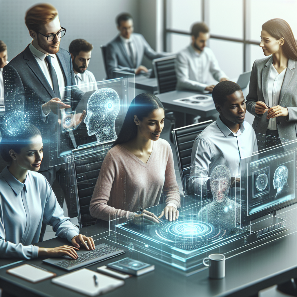A futuristic office environment showcasing diverse teams collaborating with advanced artificial intelligence tools