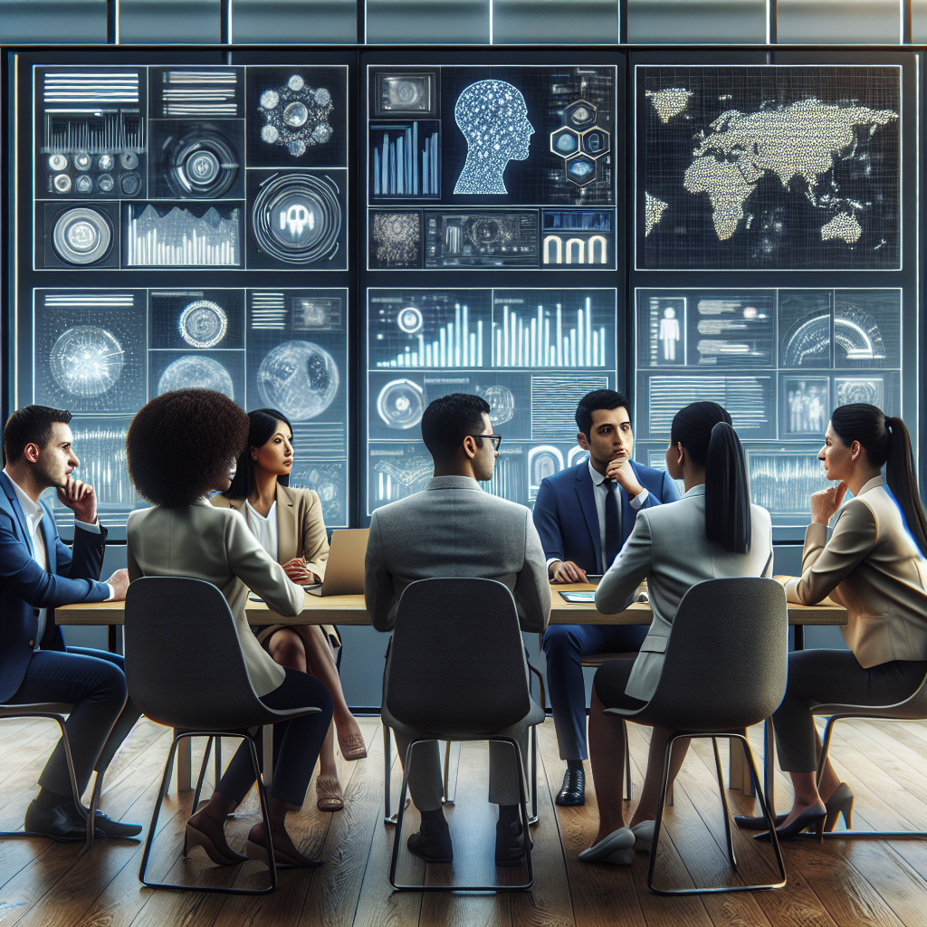 A diverse group of leaders discussing artificial intelligence strategies around a table with digital screens showing data analytics