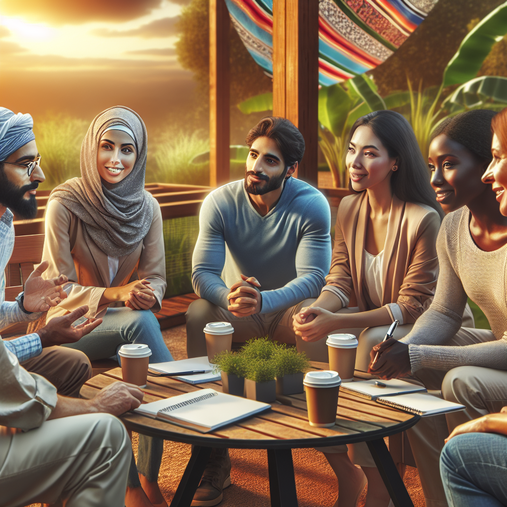 A diverse group of people engaged in a life coaching session outdoors, discussing goals and strategies
