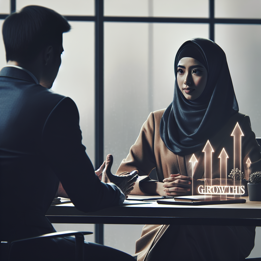 A professional woman sitting at her desk with a career coach discussing strategies for growth