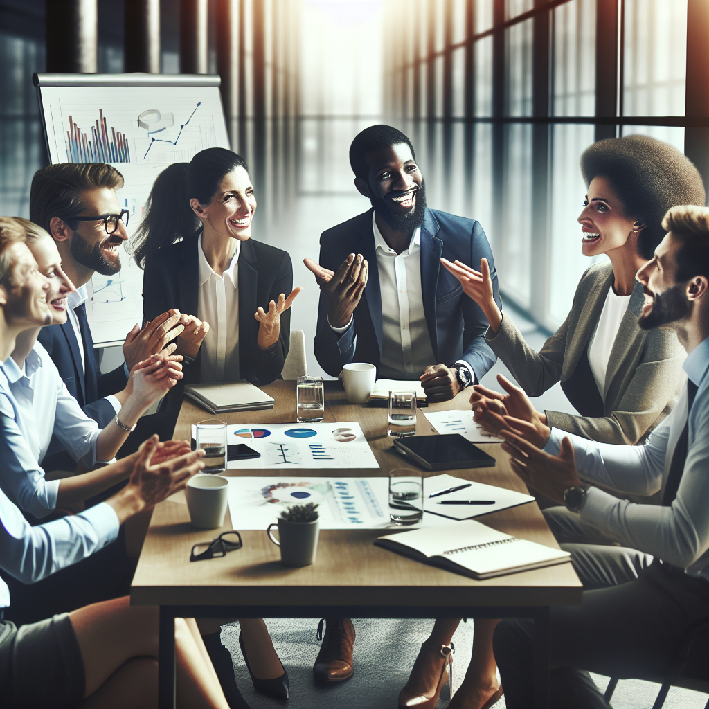 A diverse group of business leaders engaged in a dynamic coaching session, showcasing teamwork and collaboration