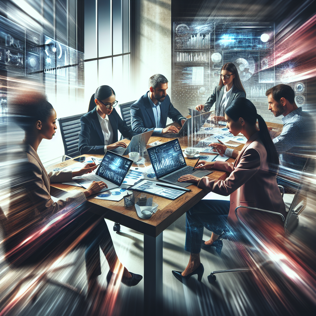 A dynamic office environment showcasing agile teamwork with diverse professionals collaborating around a table covered with digital devices and charts