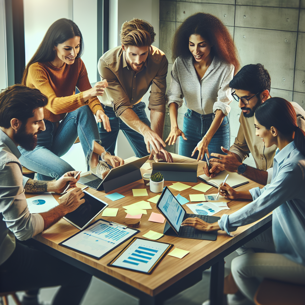 A diverse team collaborating in an agile workspace with sticky notes and digital tools