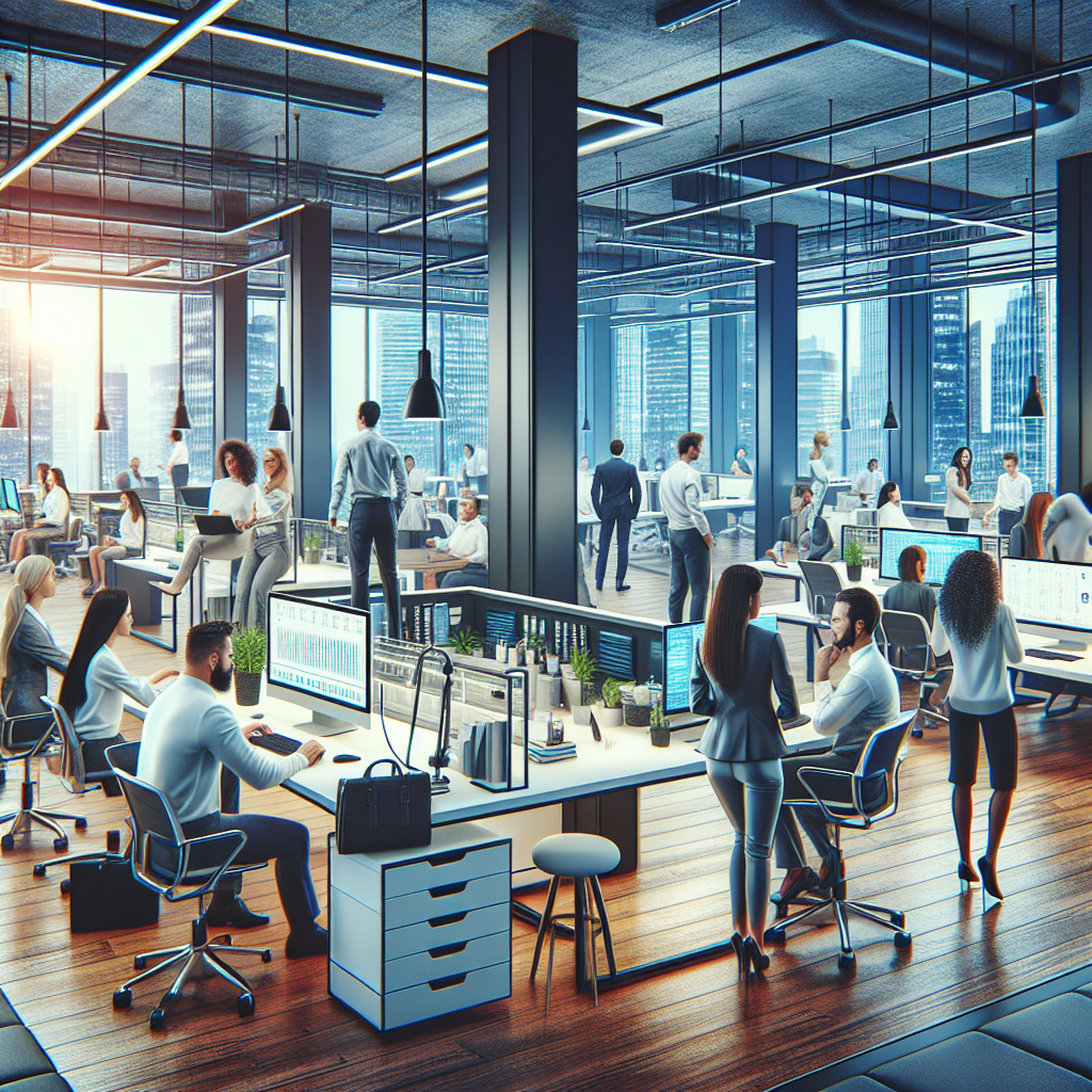 A modern office environment showcasing flexible workspaces with cross-functional teams collaborating on projects
