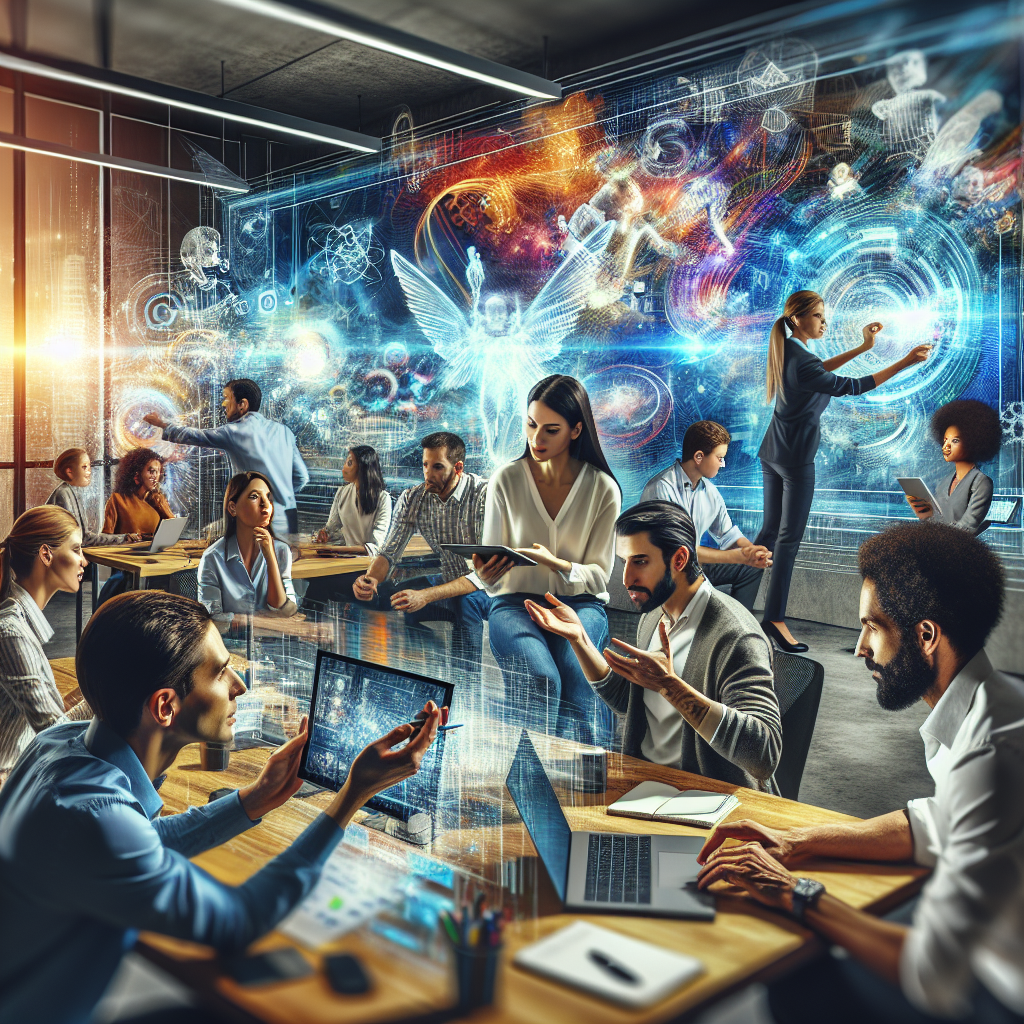 A dynamic office environment showcasing teamwork and collaboration among diverse employees using digital tools