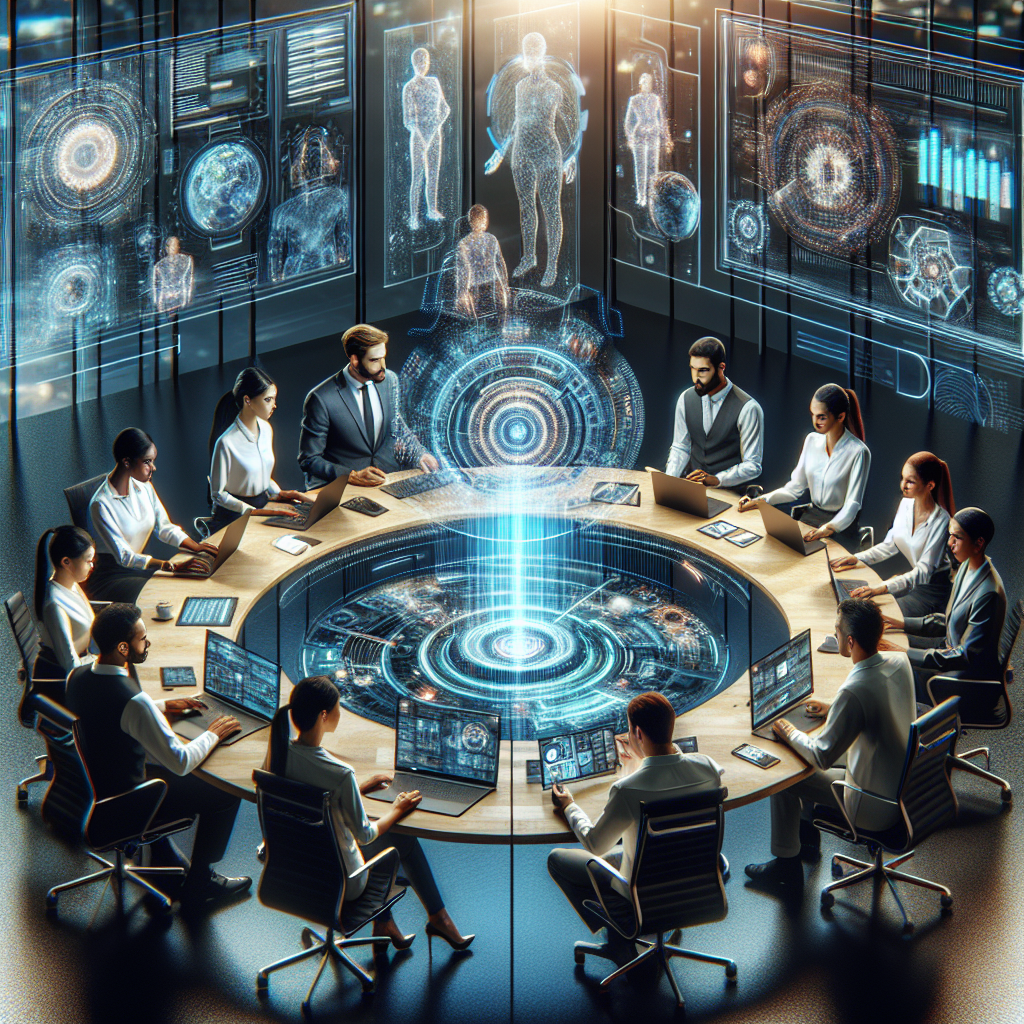 A futuristic office environment showcasing diverse professionals collaborating on AI technology integration