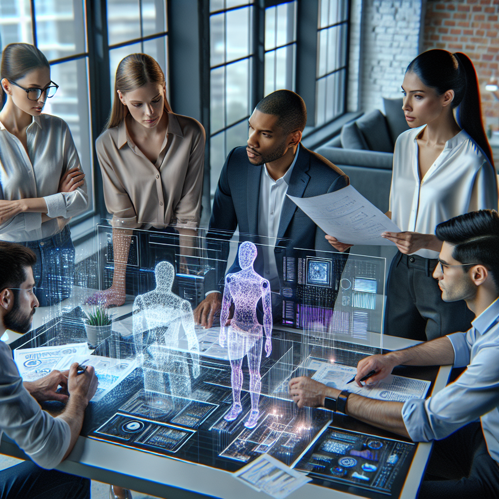 A team of diverse professionals collaborating over an AI project plan in an office setting