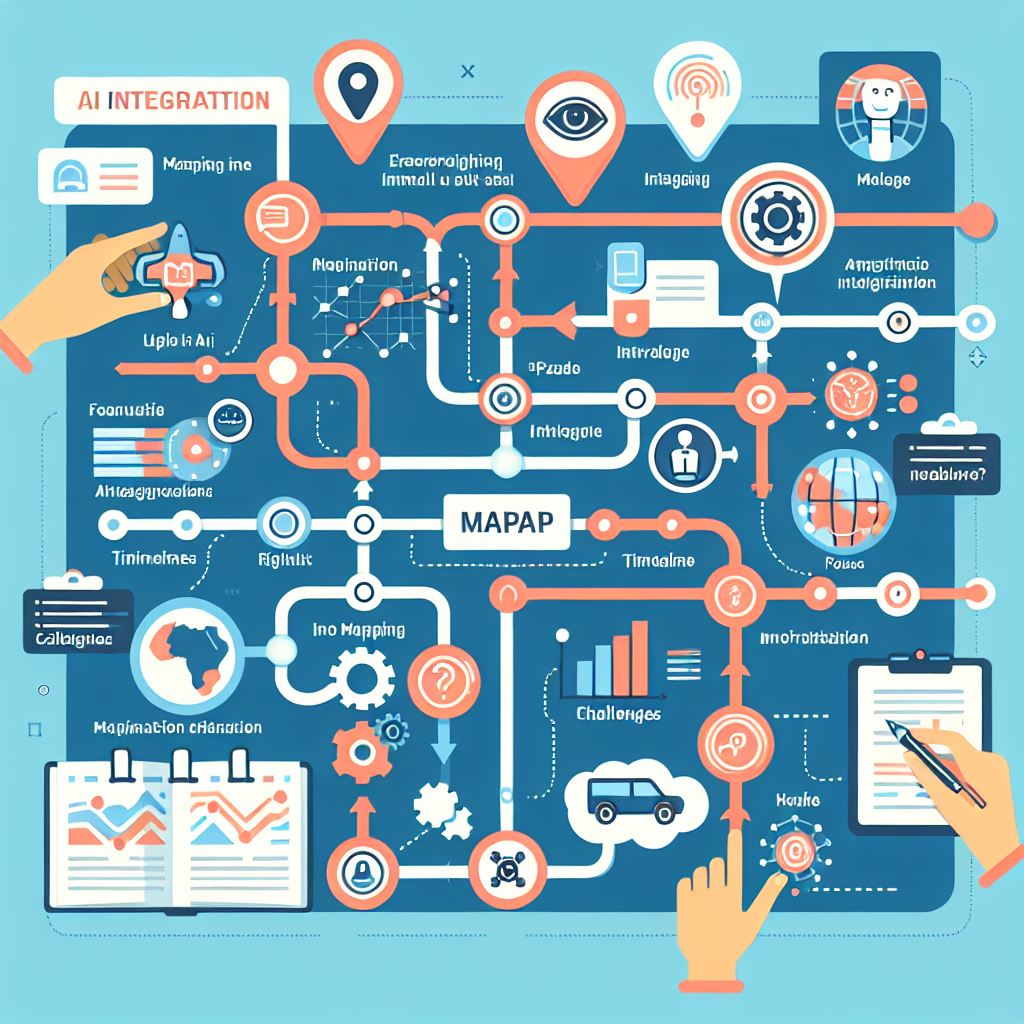 An infographic showing an AI integration roadmap with phases like mapping, challenges, and timelines