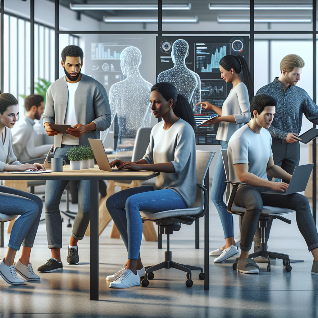 A diverse team collaborating on an AI project in a modern office setting