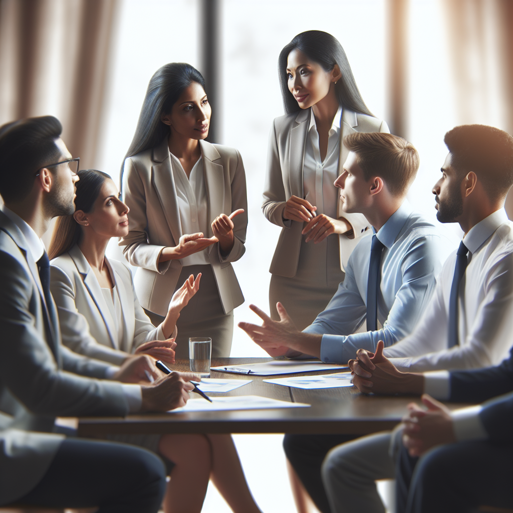 A diverse group of executives engaged in a dynamic coaching session