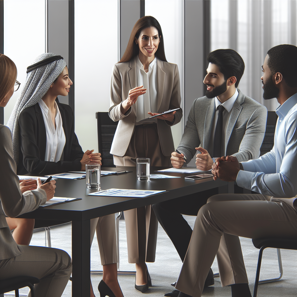 A diverse group of executives engaged in a leadership coaching session, interacting with a coach in a modern office setting