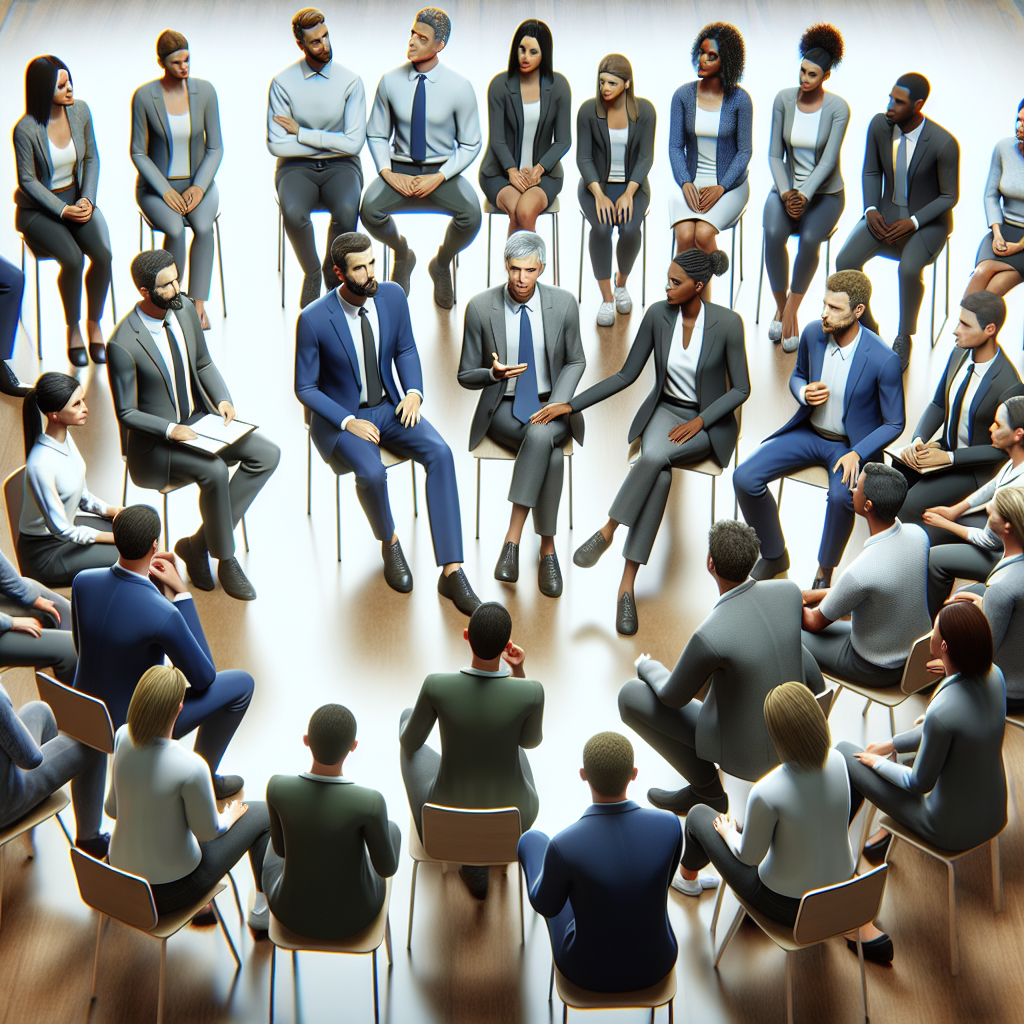 A diverse group of executives engaged in an interactive leadership workshop, focusing on emotional intelligence and strategic thinking