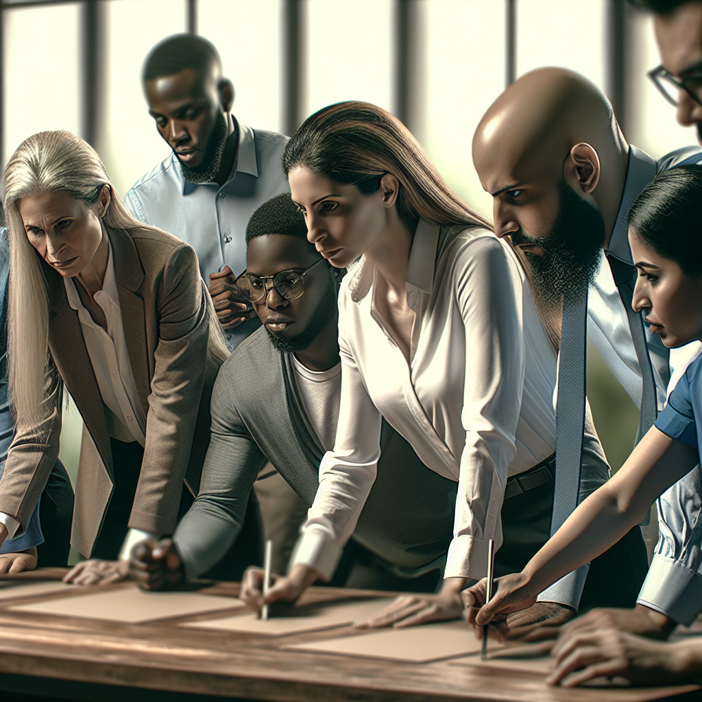 A diverse group of executives engaged in an interactive leadership workshop, showcasing teamwork and collaboration