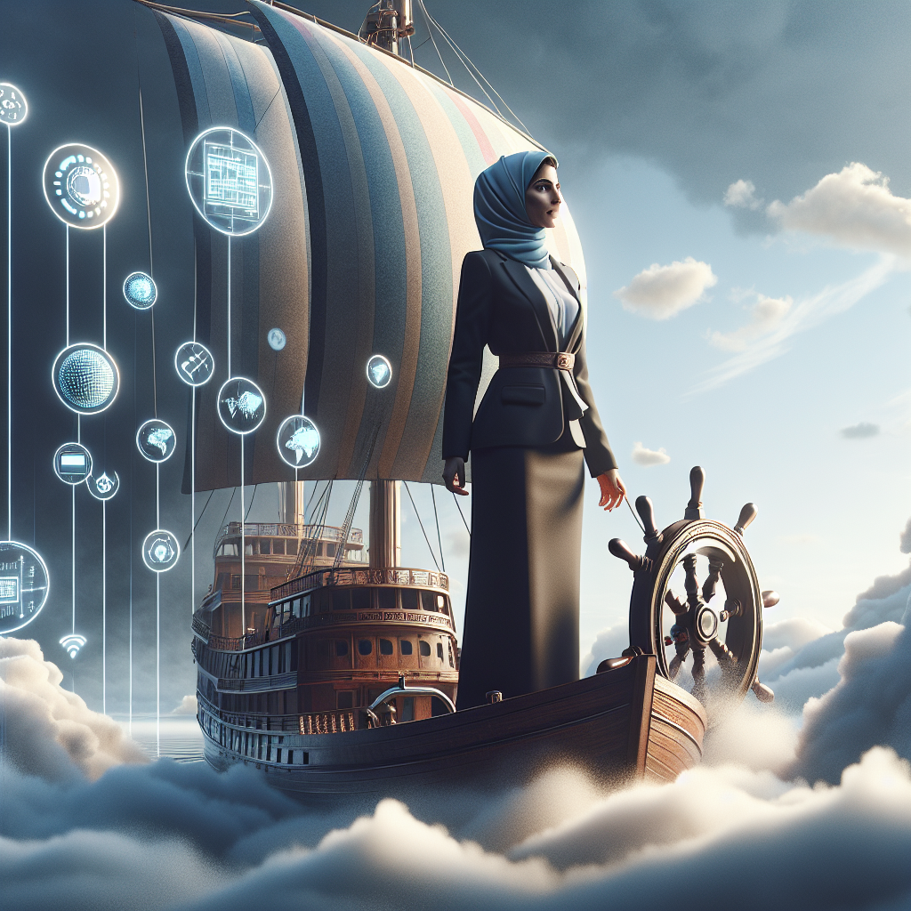 A business leader standing on a ship navigating through clouds with technology symbols around