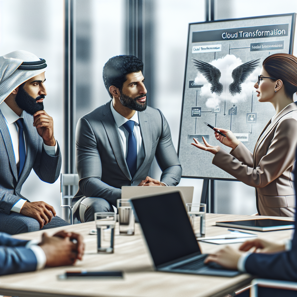 A dynamic meeting between business leaders and a cloud transformation consultant discussing strategies on a digital whiteboard