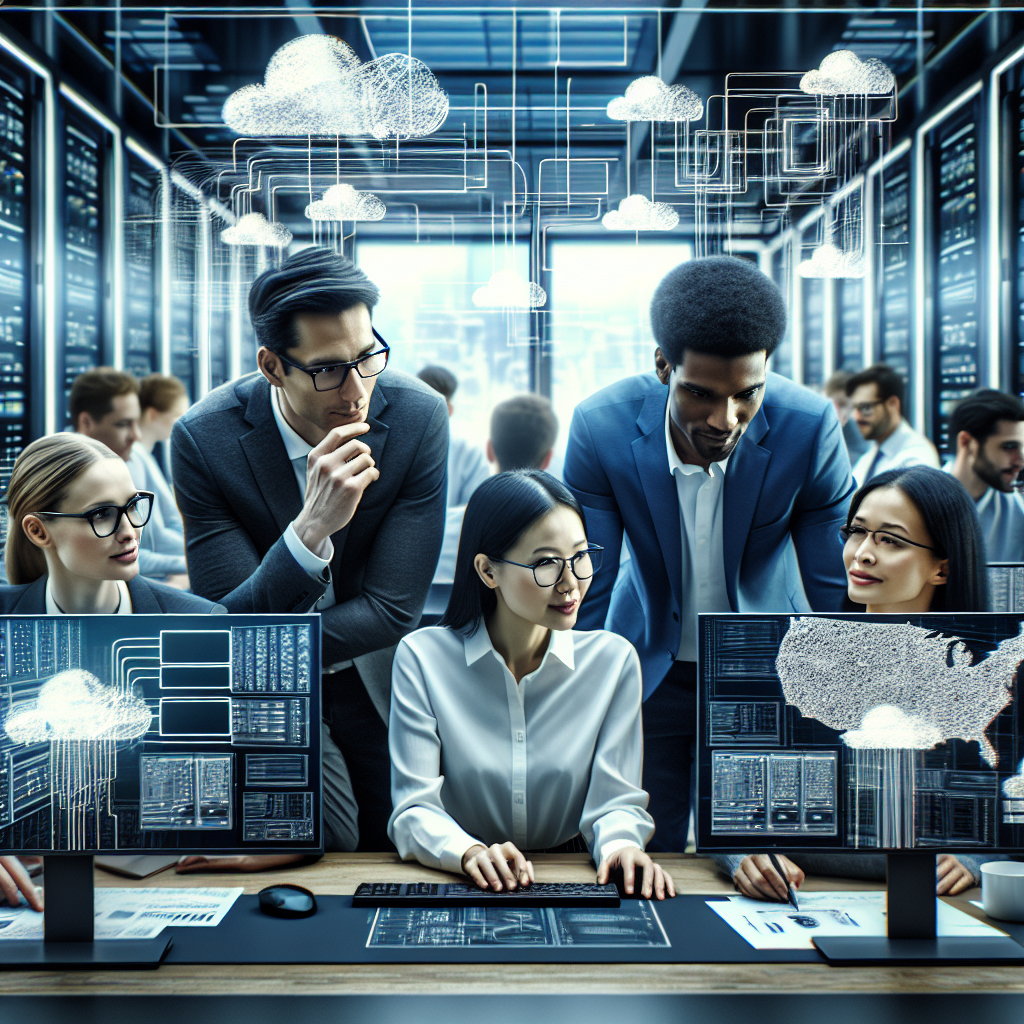 A team of diverse IT professionals collaborating on a cloud migration project with digital screens displaying cloud architecture
