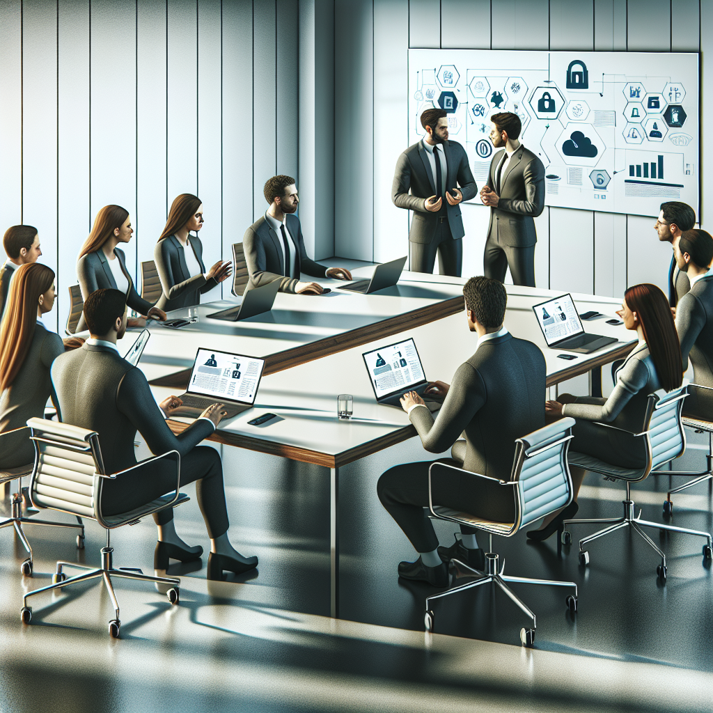 A professional team discussing cloud security strategies around a modern conference table with laptops open