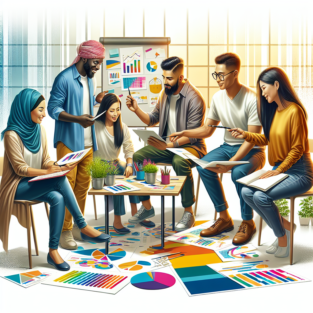 A diverse team engaged in a collaborative group coaching session with colorful charts and notes around them
