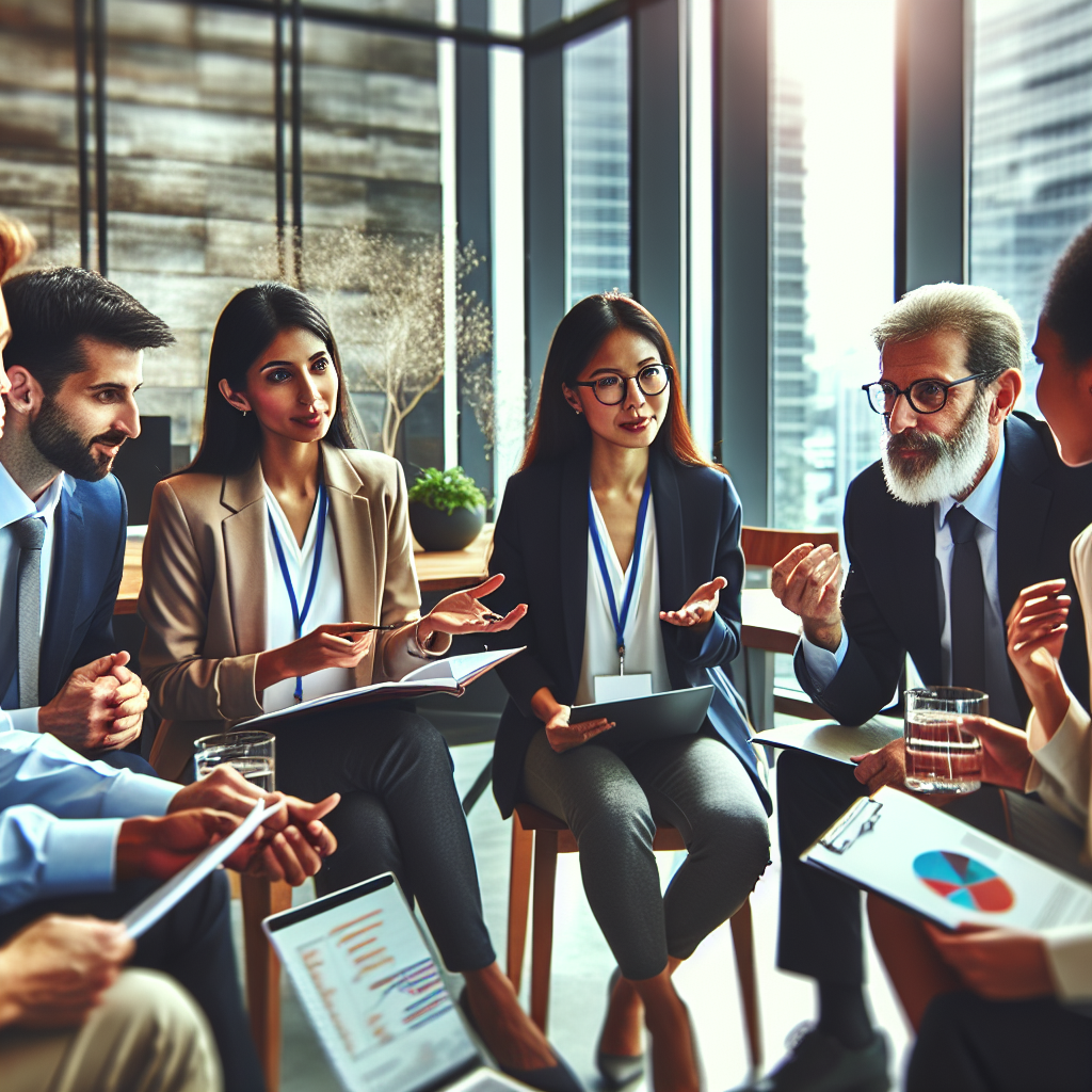 A diverse group of professionals engaged in a mentoring session, showcasing collaboration and growth in a modern office setting