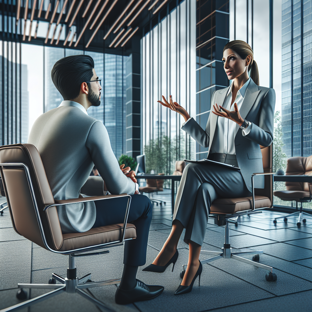 A dynamic corporate setting where a mentor and mentee engage in an interactive leadership coaching session.