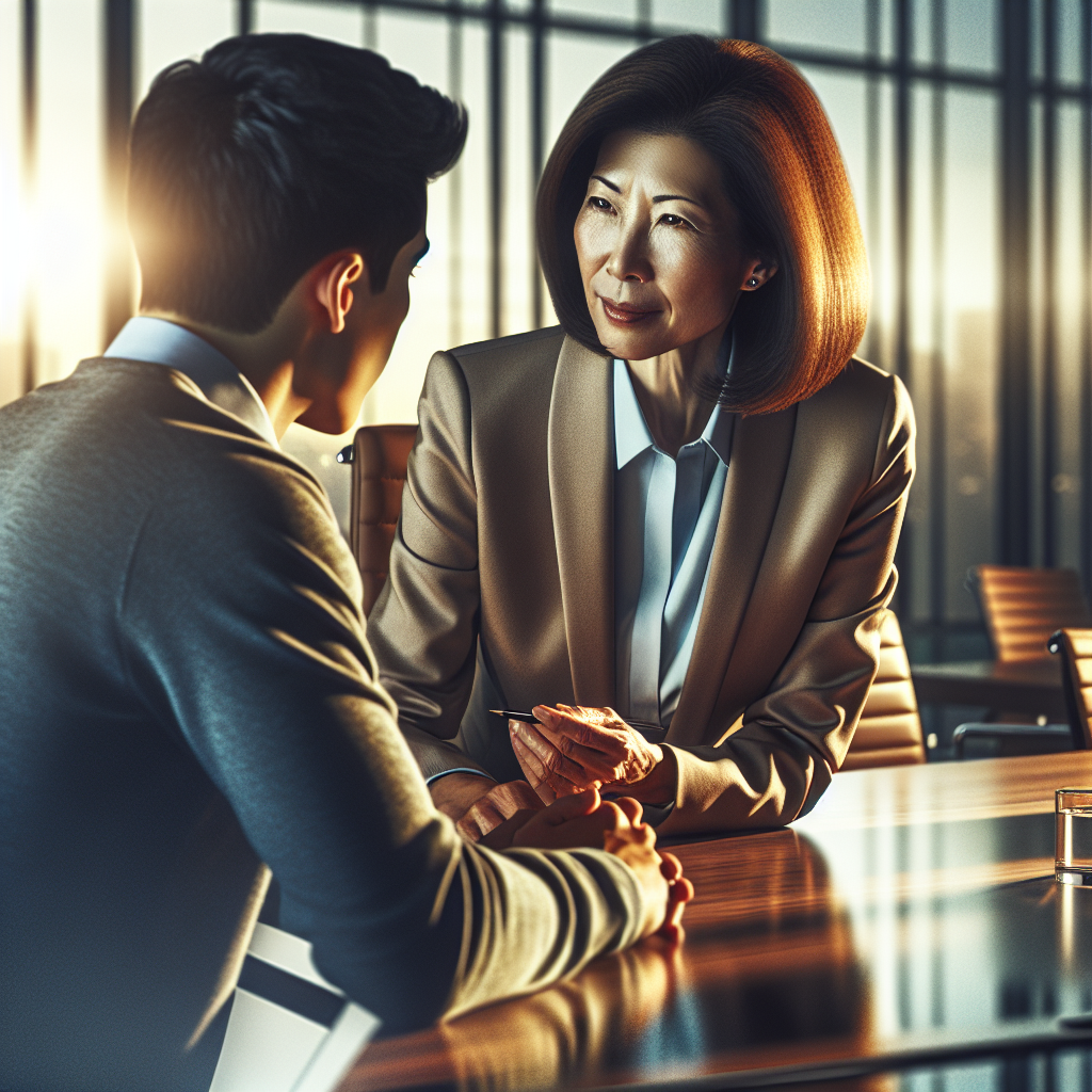 A dynamic scene depicting a mentor guiding a young leader in a corporate setting, showcasing trust and collaboration
