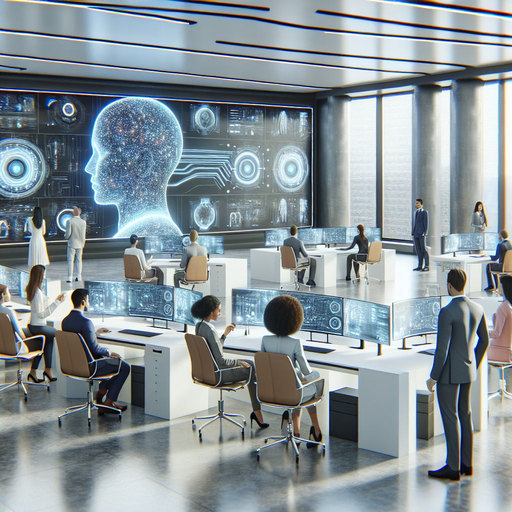A futuristic office setting with diverse professionals engaging with an AI coaching platform on large screens