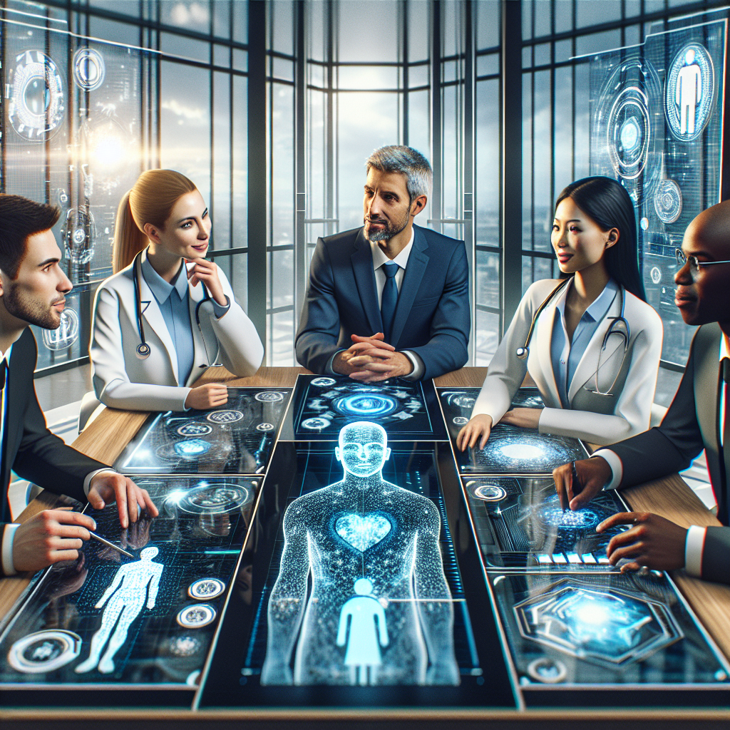A diverse group of professionals engaged in a virtual coaching session using advanced AI technology in a modern office setting