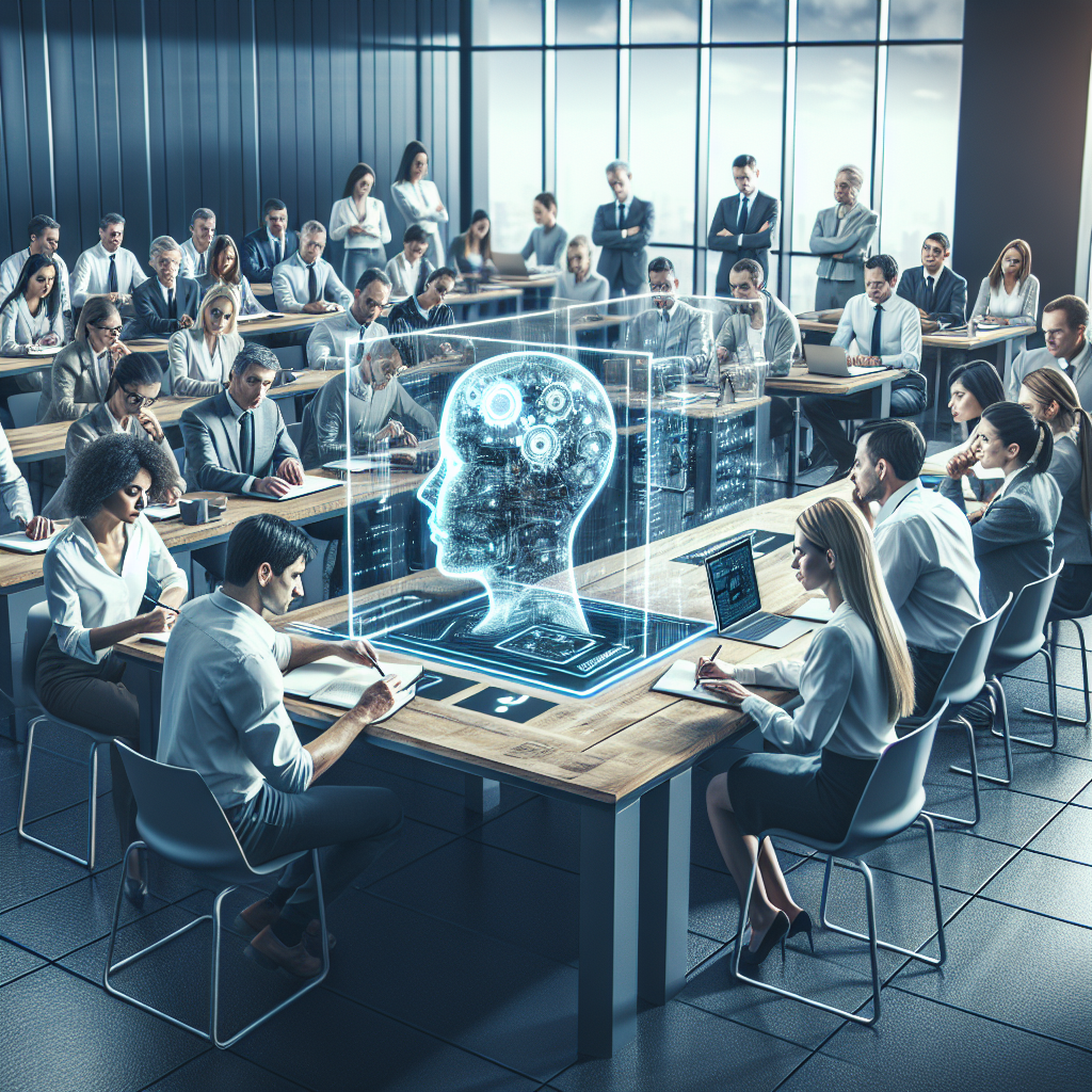 A futuristic digital classroom featuring diverse professionals engaging with an AI coaching platform.