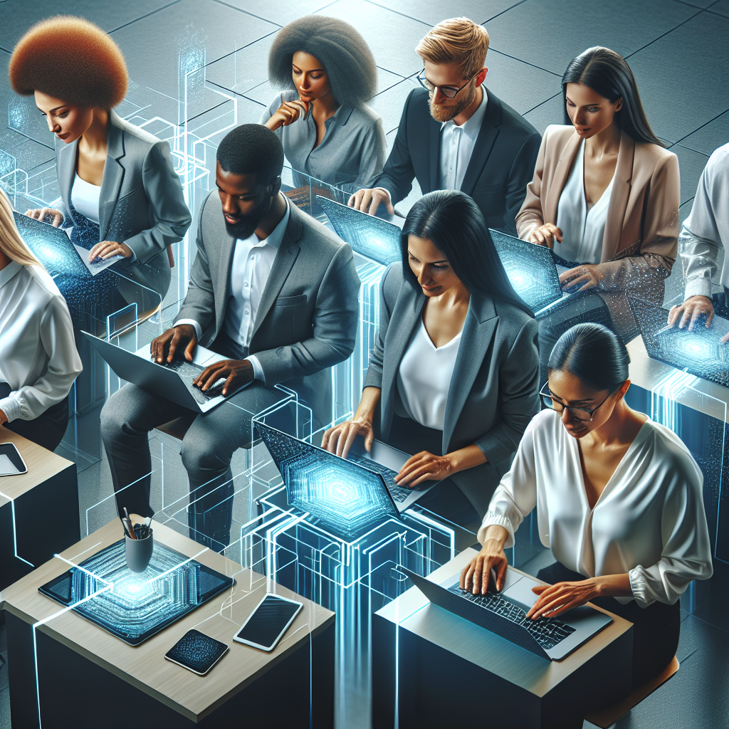 A modern office setting showcasing diverse leaders engaging with an AI-powered coaching platform on laptops and tablets