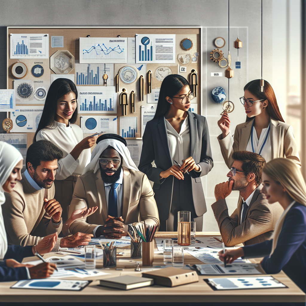 A diverse group of professionals engaged in a leadership coaching session, with charts and certificates displayed around them