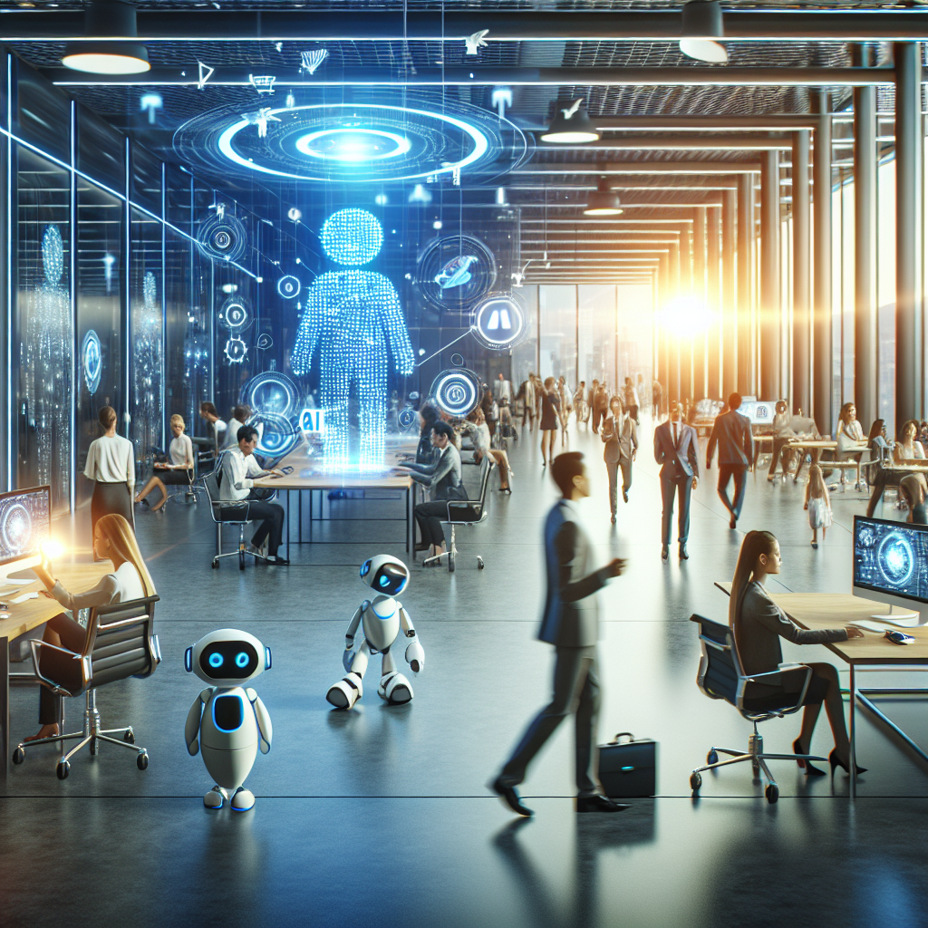 A futuristic office environment showcasing AI integration with people collaborating using advanced technology