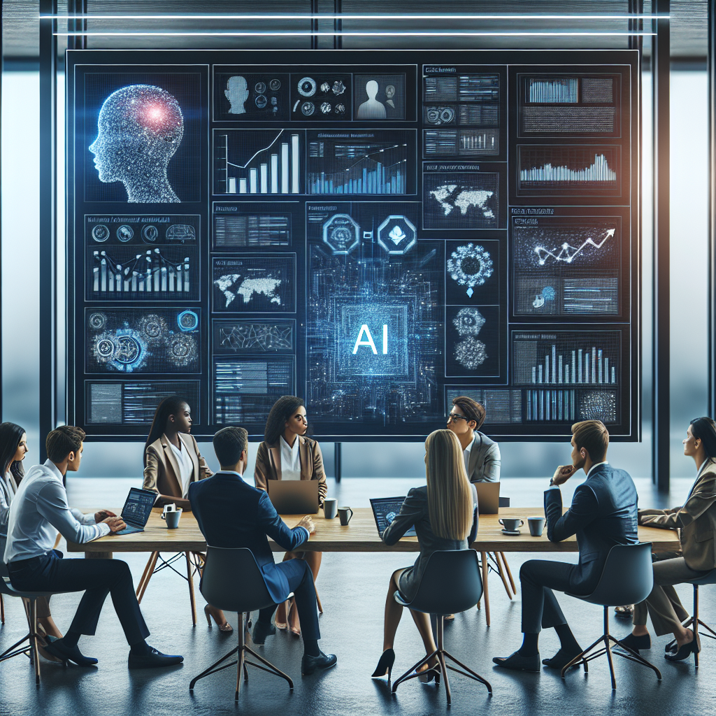 A team in a modern office engaged in a collaborative workshop discussing AI strategies, with digital screens displaying data analysis and brainstorming notes