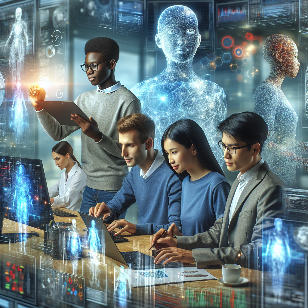 A diverse team collaborating over an AI project with digital interfaces in the background