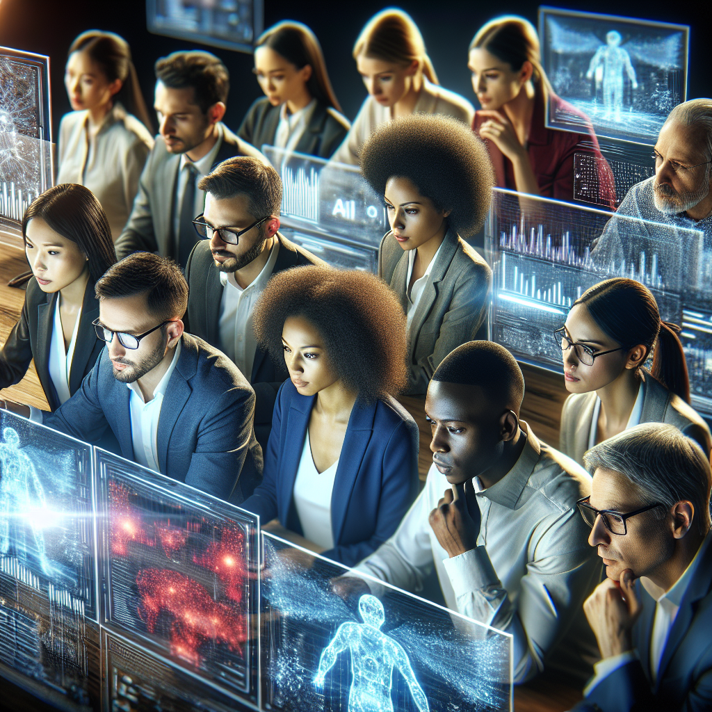 A diverse team collaborating on an AI project with charts and data analytics displayed on screens
