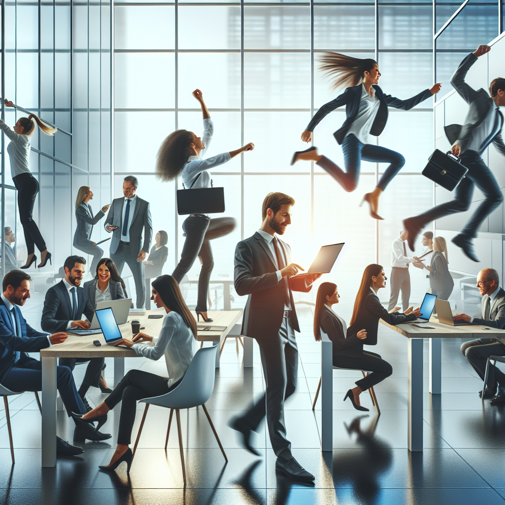 A dynamic team collaborating in a modern office space with digital tools showcasing business agility concepts