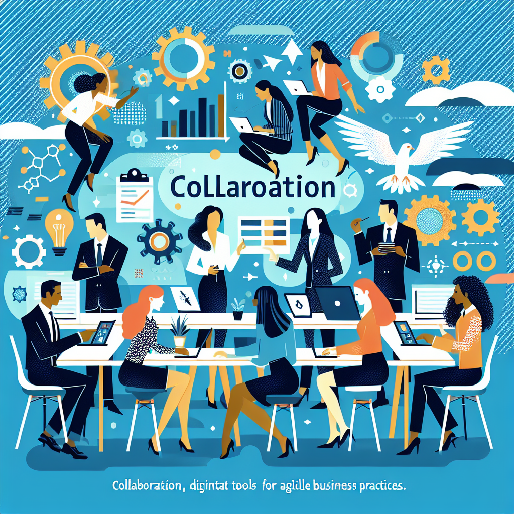 A vibrant illustration showing diverse teams collaborating around digital tools for agile business practices