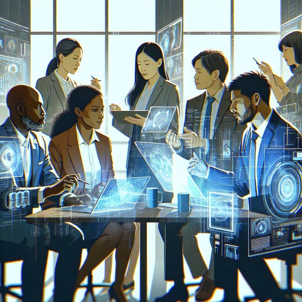 A vibrant illustration depicting diverse business leaders collaborating in an office setting with digital tools around them.