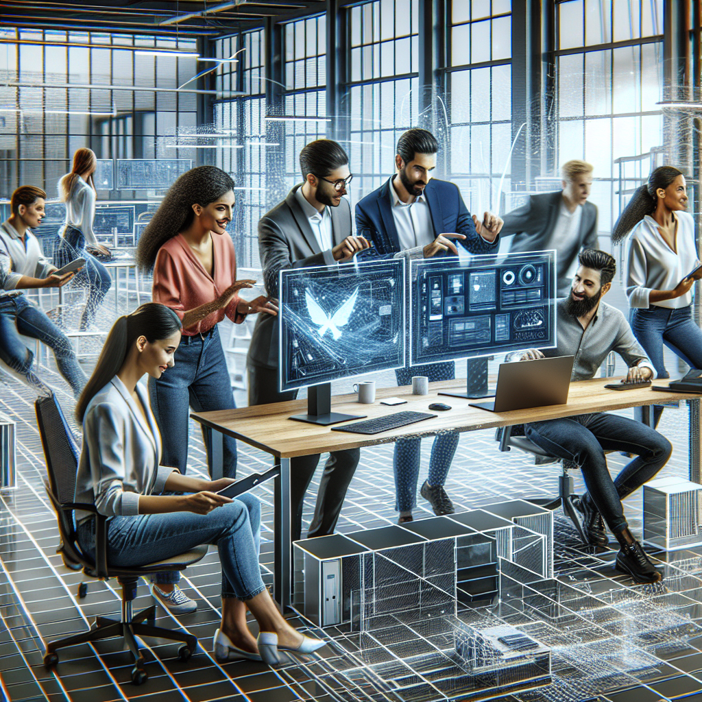 A dynamic team collaborating in an open office space with digital tools around them, showcasing agility and flexibility in operations