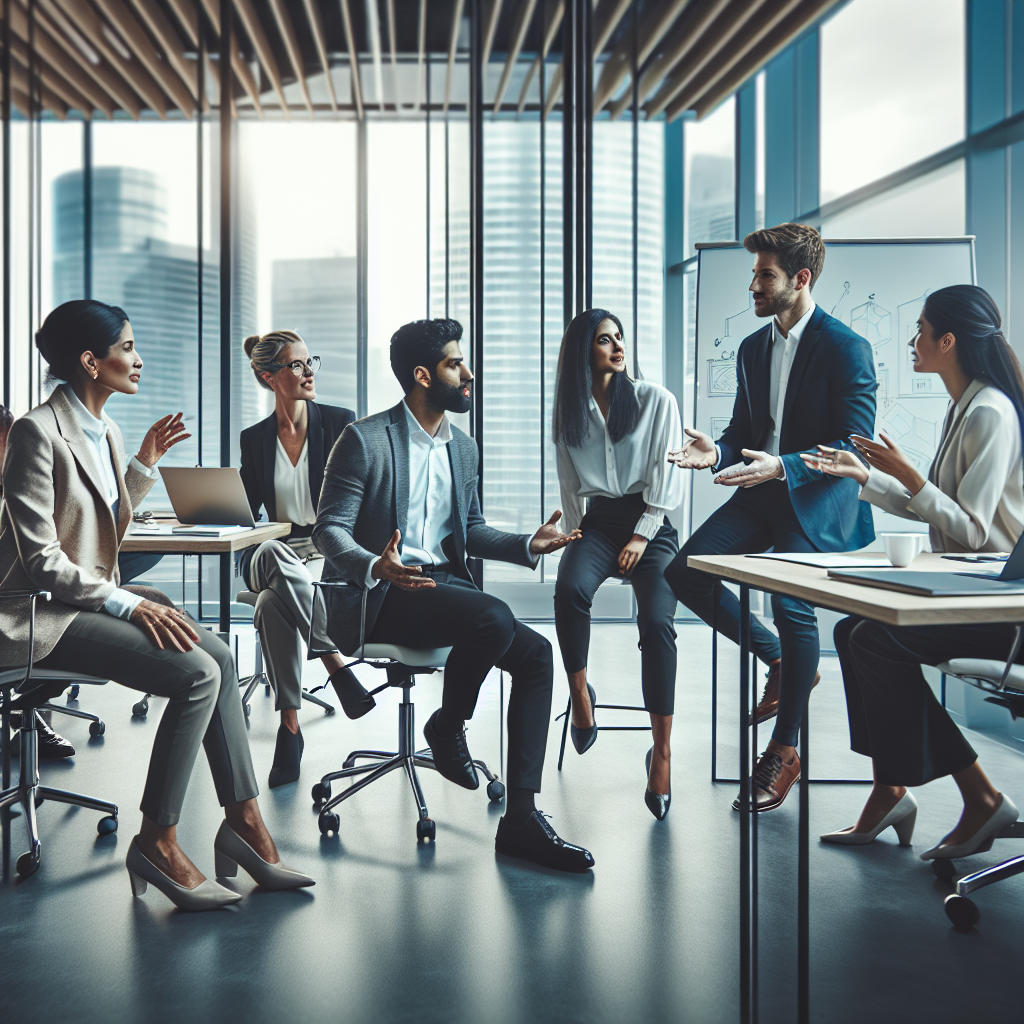 A diverse group of professionals engaged in a lively mentorship session, showcasing dynamic interaction and collaboration in a modern office setting.