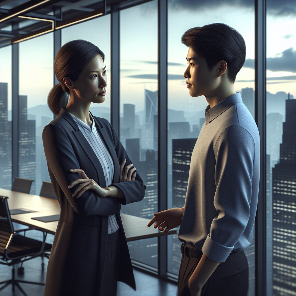 An executive mentor guiding a young professional in an office setting